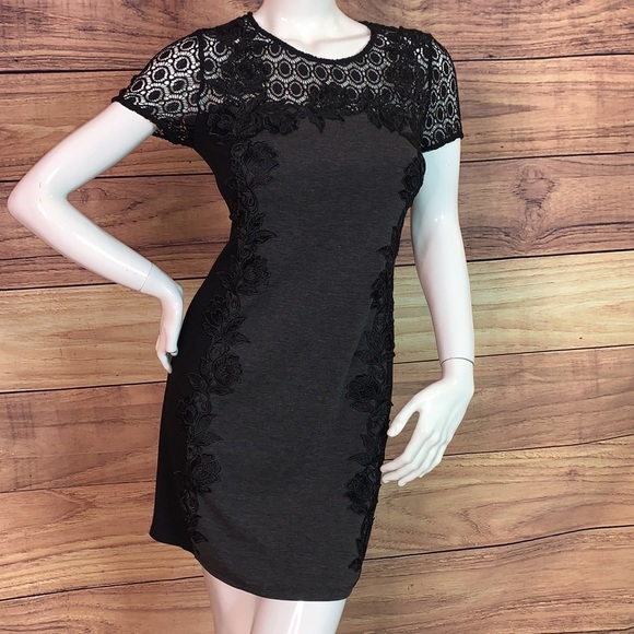 Truly Poppy black grey panel crochet lacey dress formal flower stitch fix M MD - Picture 4 of 17